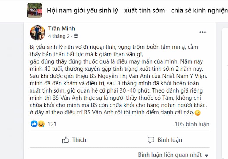 Khách hàng chia sẻ hiệu quả điều tri sinh lý trên hội nhóm